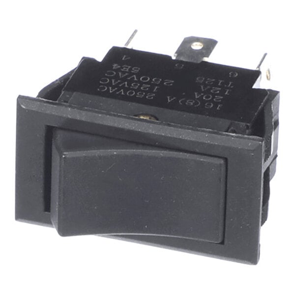 A black rectangular rocker switch with three metal prongs and white labeling on the side.