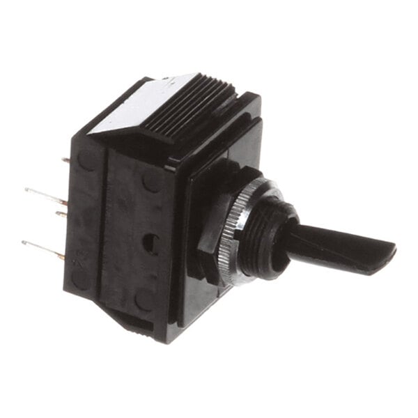 A black toggle switch with a metal mounting ring and three metal prongs for electrical connections.