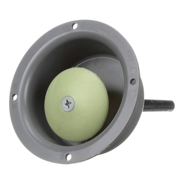 A round, gray plastic component with a central greenish knob and a protruding black rod, featuring several mounting holes around the rim.