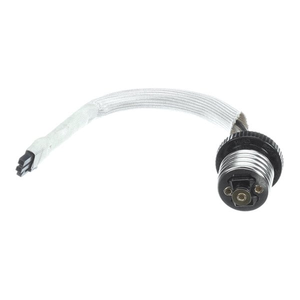A flanged adapter harness with a metallic threaded connector on one end and a small plastic connector on the other, joined by a braided cable.