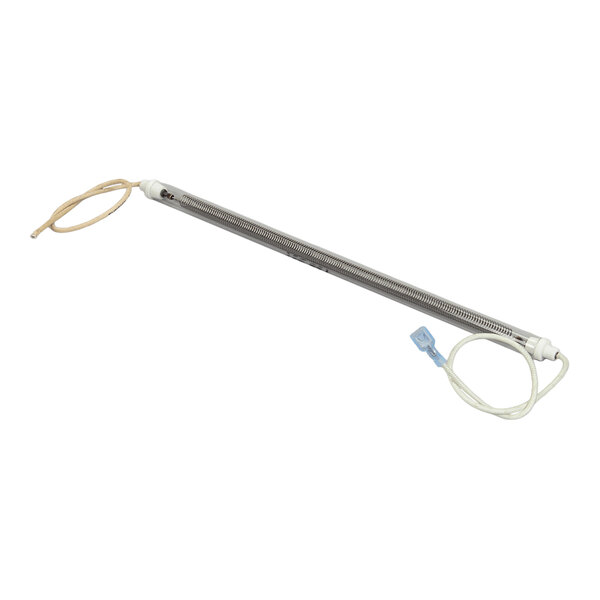 A long, cylindrical quartz heating tube with coiled wire inside, white end caps, and attached electrical wires.
