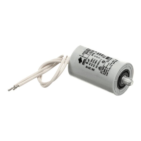 A cylindrical gray capacitor with printed specifications, attached wires, and a threaded metal stud on one end.