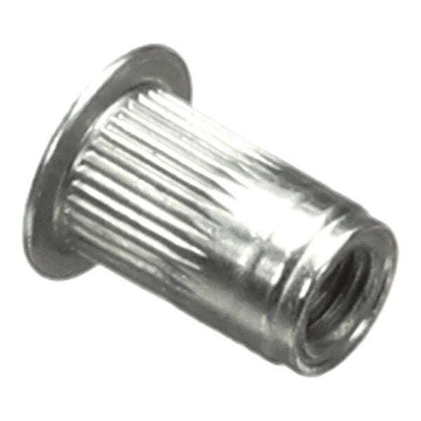 A close-up view of a metallic, cylindrical, ribbed fastener with a flanged edge and internal threading.