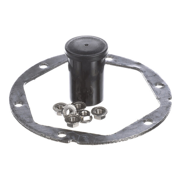 A round metal gasket with several holes, a black cylindrical component, and a group of metal nuts arranged together.