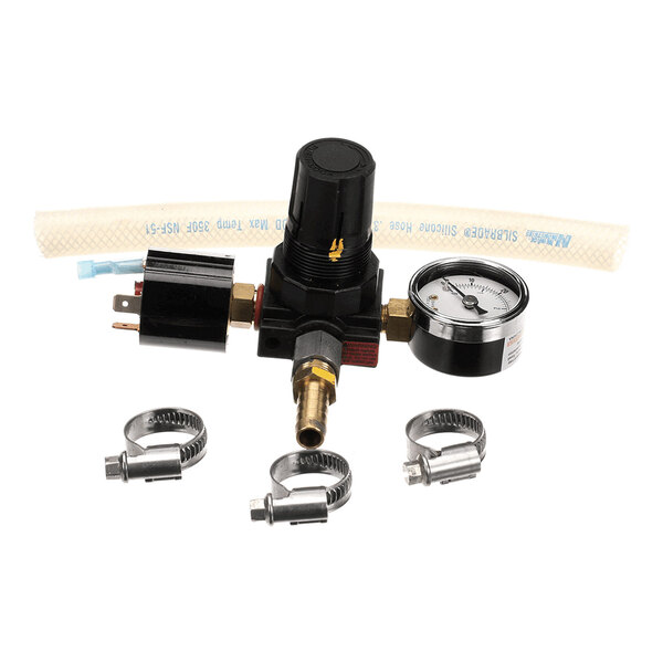 A pressure regulator assembly with a gauge, hose, electrical connector, and three metal hose clamps.