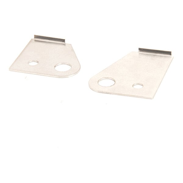 Two flat, metal brackets with a bent edge and two circular holes in each piece, placed on a white background.