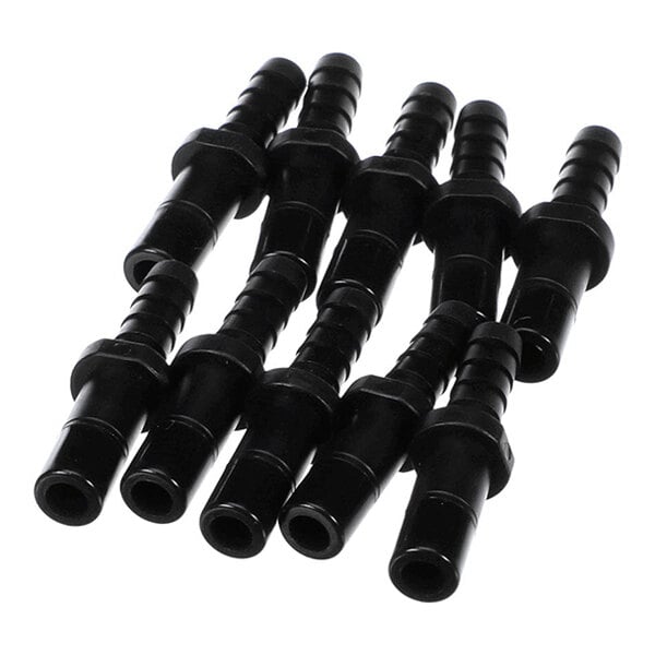 Eight black plastic barbed hose connectors arranged in two rows on a white background.