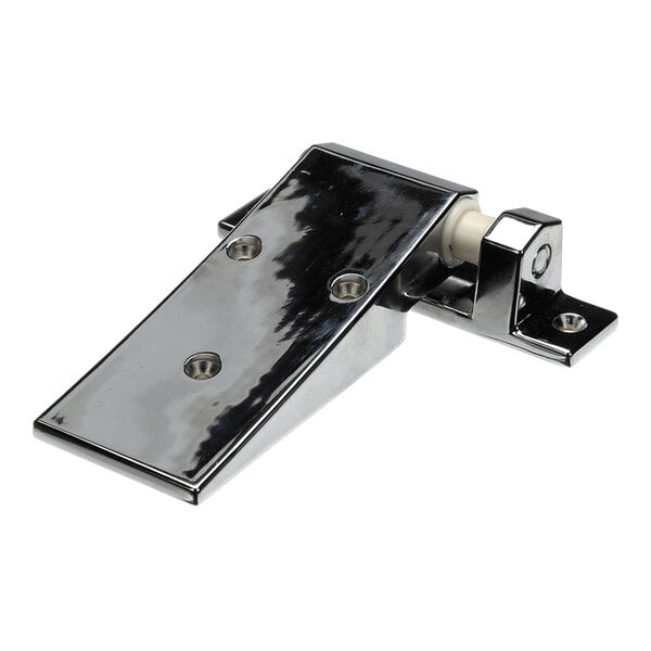 A shiny, chrome-plated hinge with a smooth, flat surface and three visible screw holes.