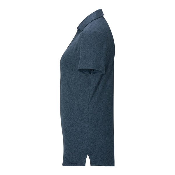 A side view of a short-sleeve, dark blue heathered polo shirt with a collar and a small slit at the hem.