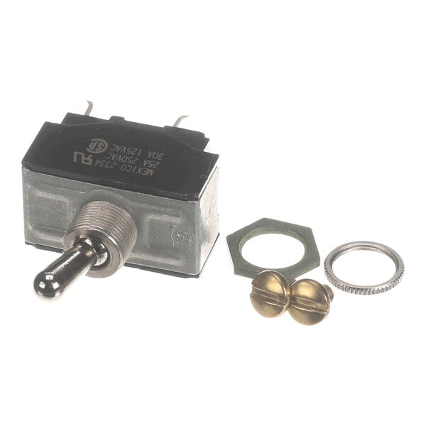 A metal toggle switch with a threaded shaft, accompanied by a hex nut, a lock washer, and two brass terminal screws.