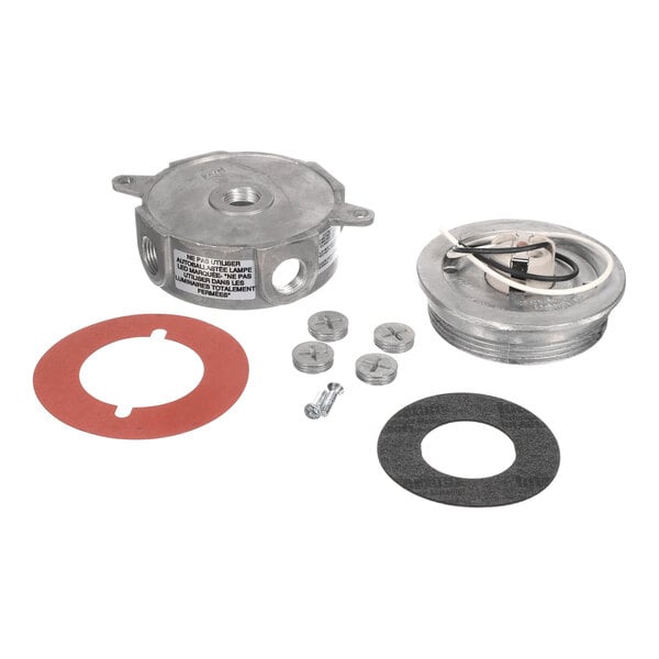 A metal junction box housing kit with an Edison base, gaskets, screws, and metal plugs, displayed on a white background.