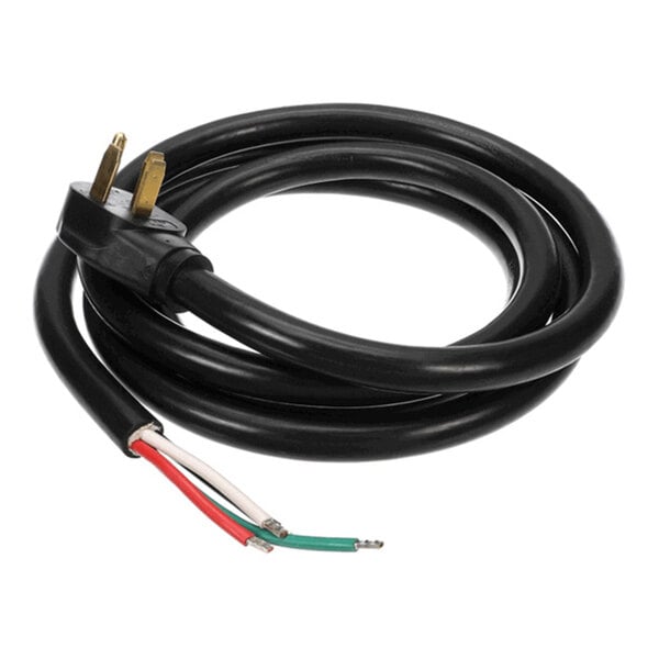 A coiled black electrical power cord with a three-prong plug on one end and three exposed colored wires (red, white, and green) on the other end.