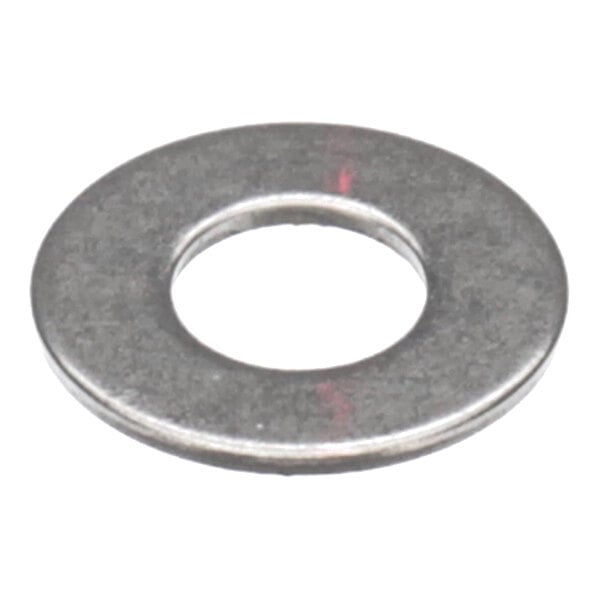 A flat, circular metal washer with a central hole, viewed from an angle.