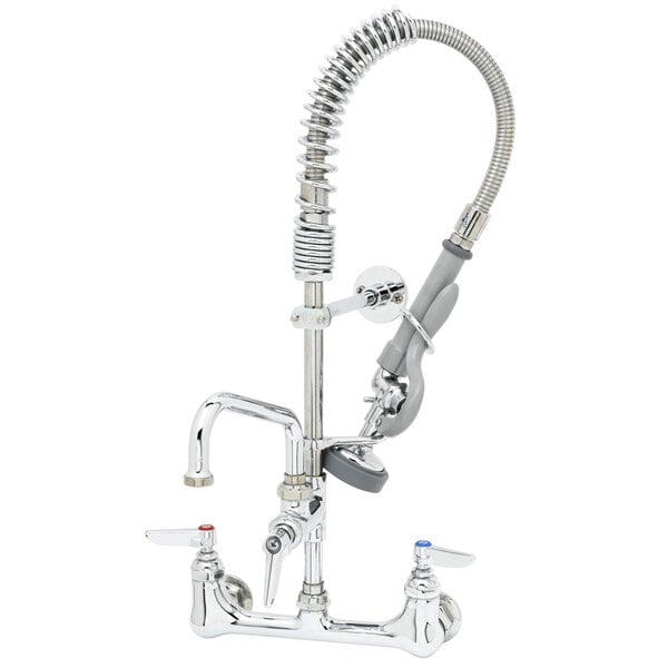 A T&S chrome pre-rinse faucet with a hose.