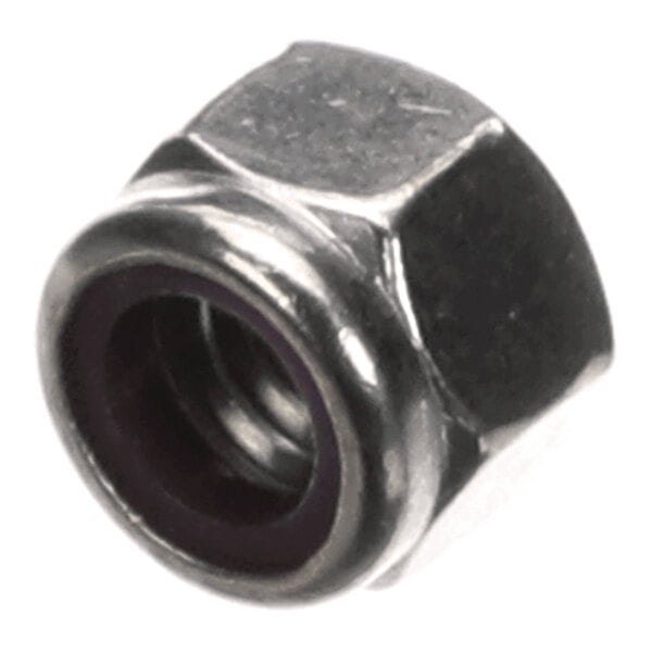 A close-up view of a metallic hexagonal nut with a nylon insert visible inside.