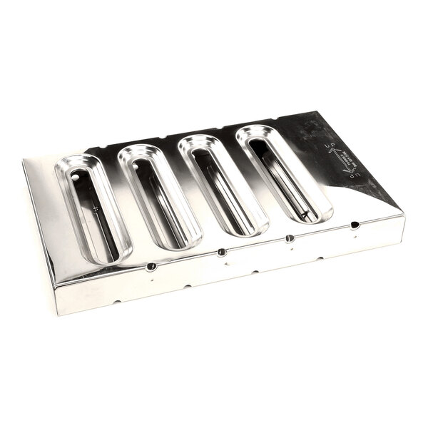 A rectangular, shiny metallic object with four elongated oval openings, likely a stainless steel grease filter.