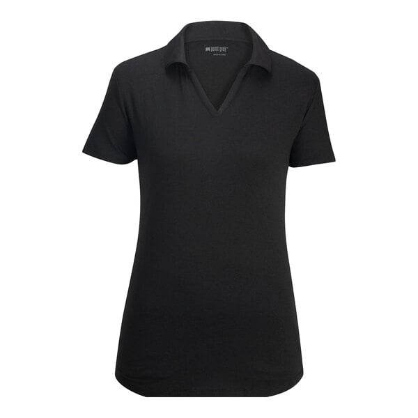 A black short-sleeve polo shirt with a V-neck collar, displayed on a plain white background.