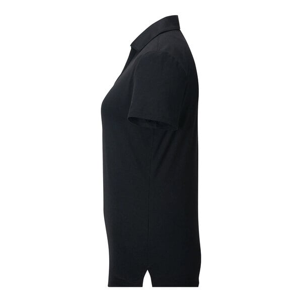 A black short-sleeve polo shirt shown from the side against a white background.