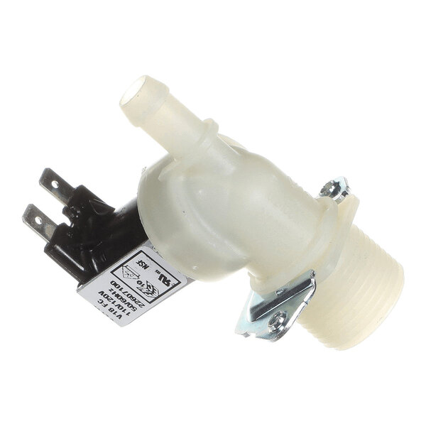 A plastic and metal solenoid valve with electrical connectors and mounting bracket visible.