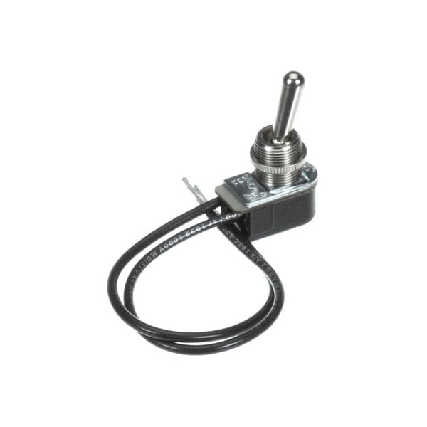 A metal toggle switch with a black base and two attached black wires.