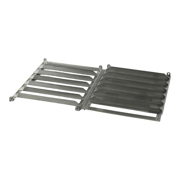 A metal rack with parallel slats and a hinged design, shown in an open position.