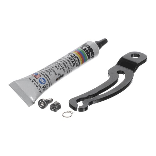 A set of mechanical parts including a black metal bracket, two small screws, a small ring, and a tube of lubricant or grease.