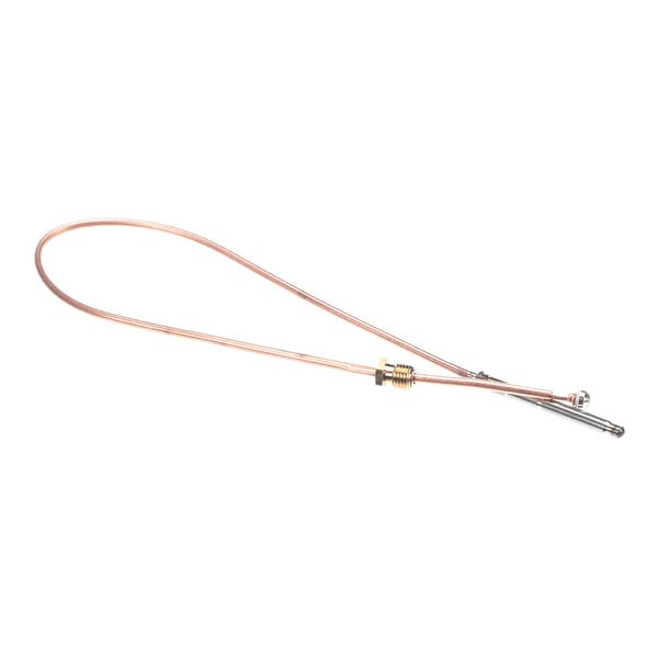 A thin, flexible copper-colored wire with a looped shape and metal fittings at one end, resembling a thermocouple component.