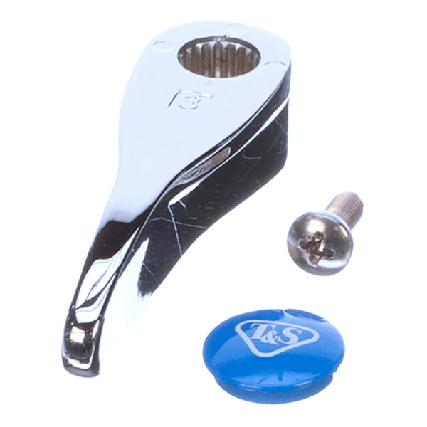 A shiny metal lever handle with a blue cap featuring a logo and a small screw beside it.