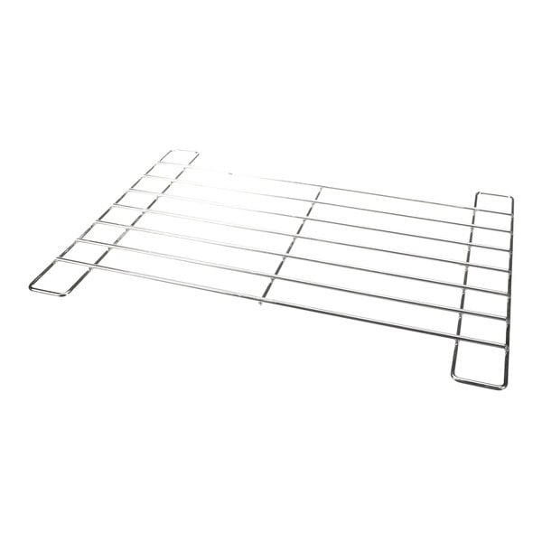 A rectangular metal wire shelf with seven horizontal rungs and four raised corners.