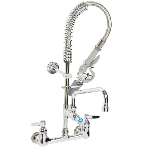 A chrome T&S pre-rinse faucet with a hose.