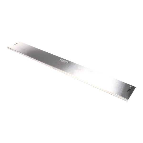 A long, flat, metallic rectangular piece with a brushed finish and small holes at each end.