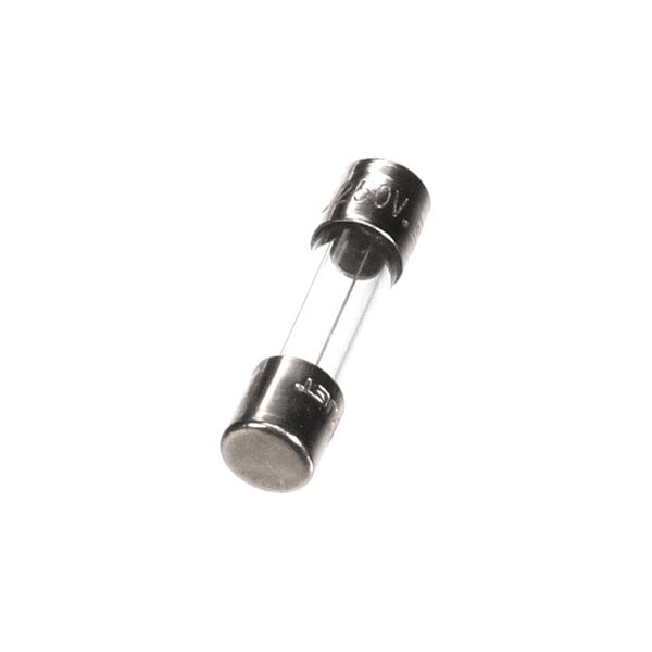 A small cylindrical glass fuse with metal caps on both ends.
