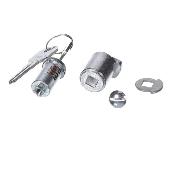 A set of metal lock components with two keys, a cylindrical lock, a housing, a washer, and a screw, all displayed on a white background.