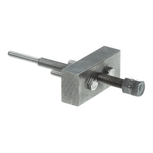 A metal tool consisting of a rectangular block with two threaded rods and hex nuts, designed for mechanical applications.