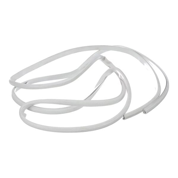 A coiled, white, flexible strip with a smooth surface, likely made of rubber or plastic.