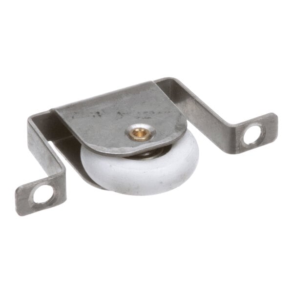 A small metal bracket with a white wheel or roller attached, featuring two mounting holes on either side.