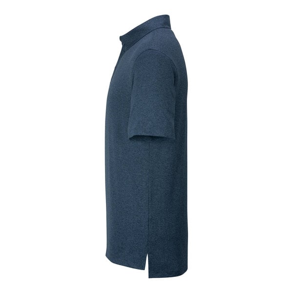 A navy heather short sleeve polo shirt shown from the side with a collar and a side slit at the hem.