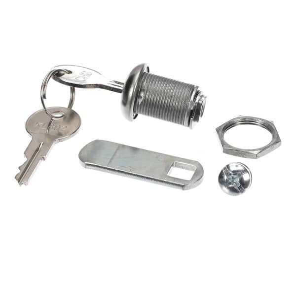 A set of metal lock components including a cylindrical lock, two keys, a flat metal latch, a hex nut, and a screw, all laid out on a white background.