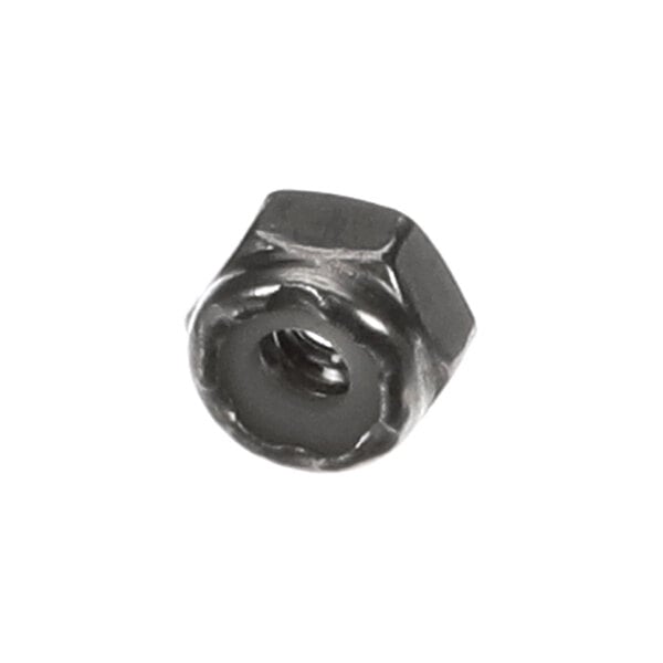 A single metallic hex nut with internal threading, viewed at an angle on a white background.