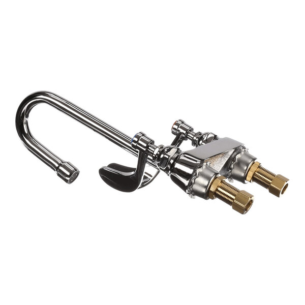 A chrome and brass faucet assembly with a curved spout and two inlet connections.
