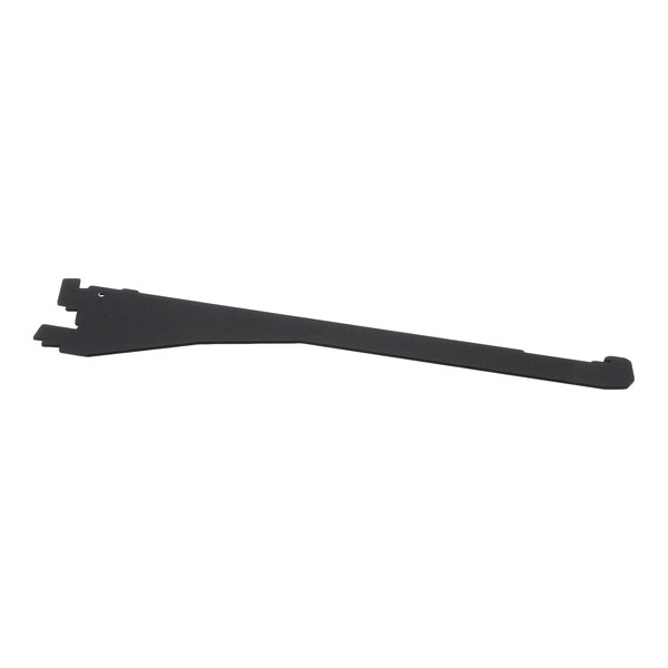 A single, flat, black metal bracket with angled edges and notched ends, photographed on a white background.