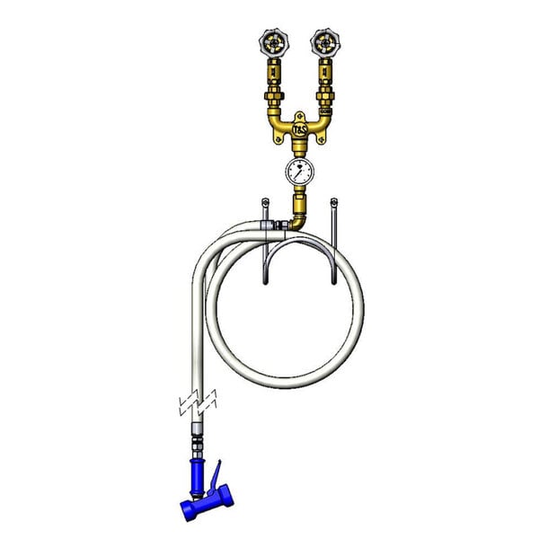 A T&S stainless steel washdown station with a hose rack, water hose, and thermometer.