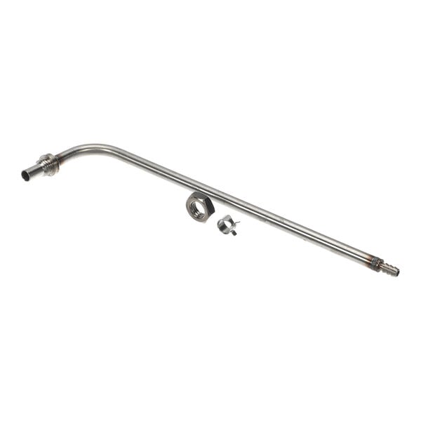 A metal tube with a bend, accompanied by a hex nut and a small connector piece, all placed on a white background.