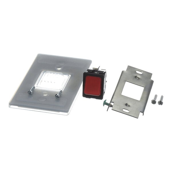 A set of electrical switch components including a red push button switch, a metal mounting bracket, a plastic faceplate, and screws.