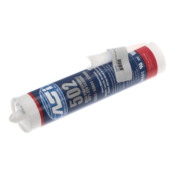 A cylindrical tube of sealant with a blue label and a white nozzle attached.