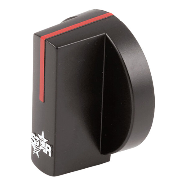 A black, angular knob with a red line indicator and white markings on one side.