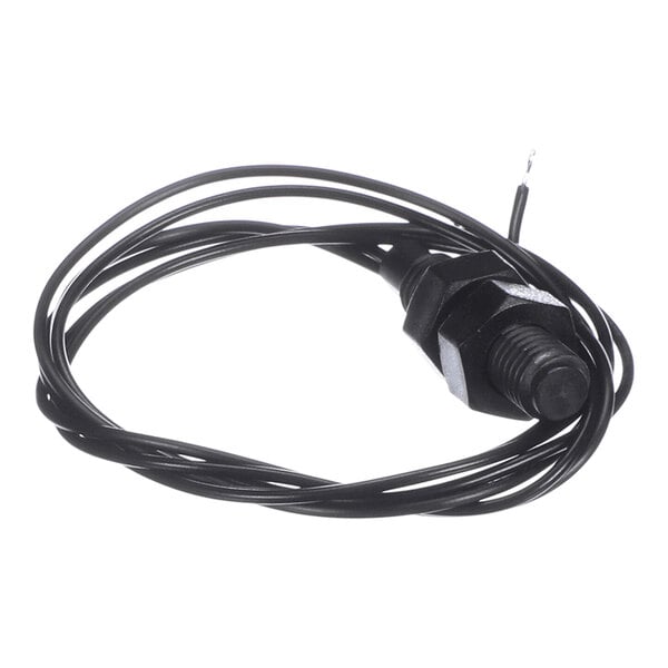 A black cable with a cylindrical sensor component and exposed wire at one end.