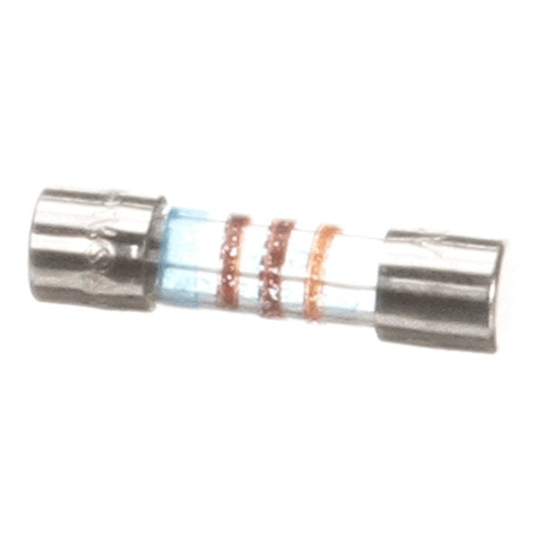A small cylindrical glass fuse with metal end caps and colored bands around the center.