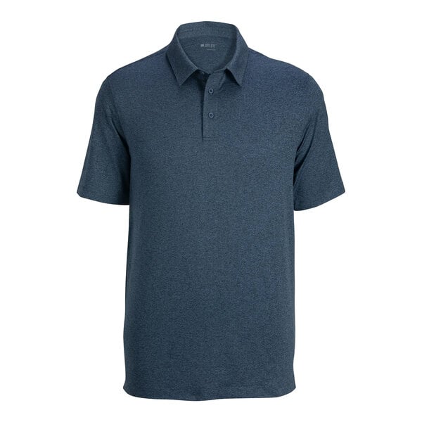 A navy blue short sleeve polo shirt with a collar and three buttons on the front.