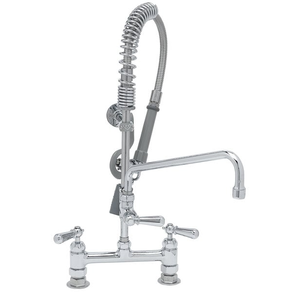 A T&S chrome pre-rinse faucet with a hose and sprayer.